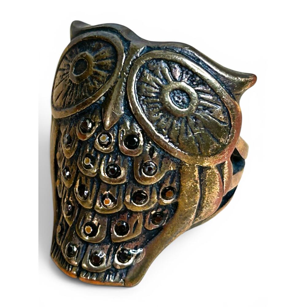 Lucky Brand Ring Antique Gold Tone Owl with Sparkly Rhinestone Detail Size 7